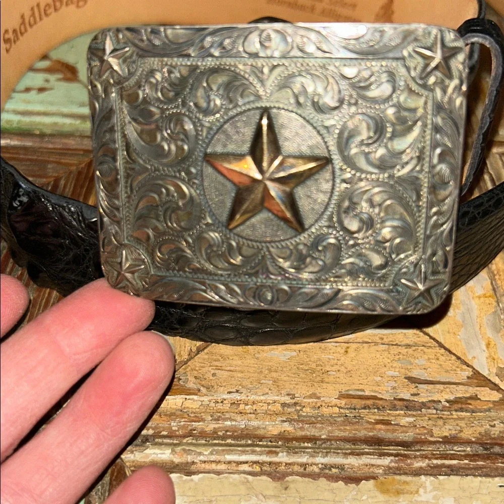 VOGT “Lone Ranger” sterling silver & 14K gold buckle on black alligator Belt